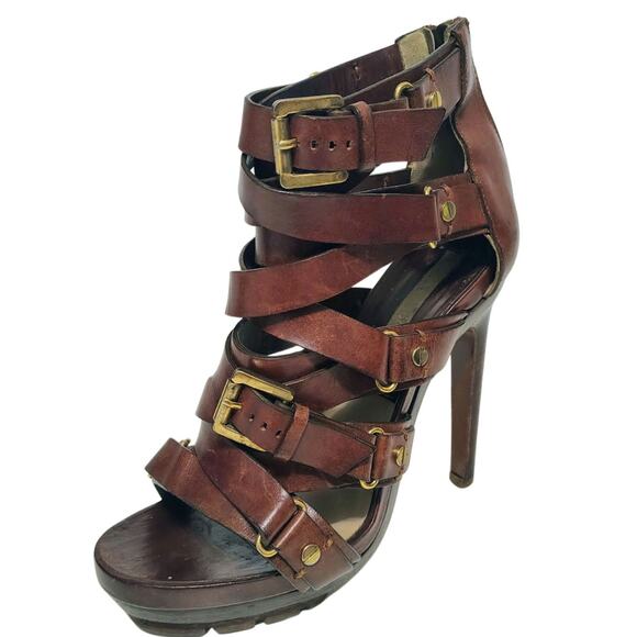 Michael Kors Collection Extreme Strap Brown Leather Platform Gladiator Size 9.5 - Picture 1 of 13